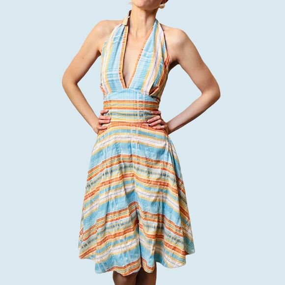 Vintage Finley Marilyn Halter Dress – Blue Orange Plaid – Size 10 – Open Back - Picture 1 of 12